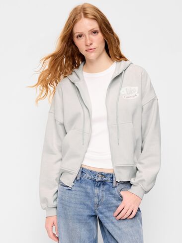 Old Navy Oversized Full-Zip Graphic Hoodie Sweatshirt - Light Gray in Kuwait