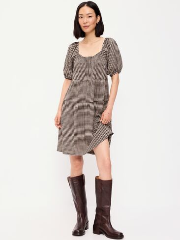 Old Navy Puff-Sleeve Smocked Mini Swing Dress - Black/Black Gingham in Saudi Arabia