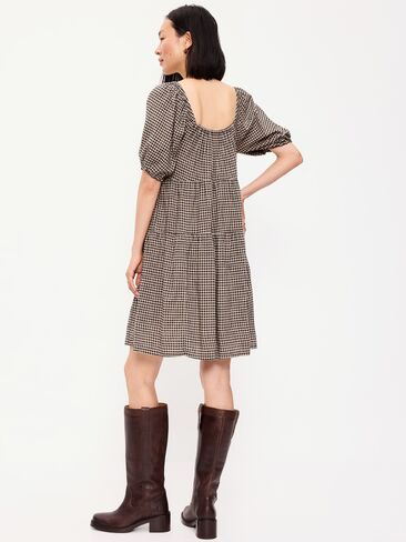 Old Navy Puff-Sleeve Smocked Mini Swing Dress - Black/Black Gingham in Saudi Arabia