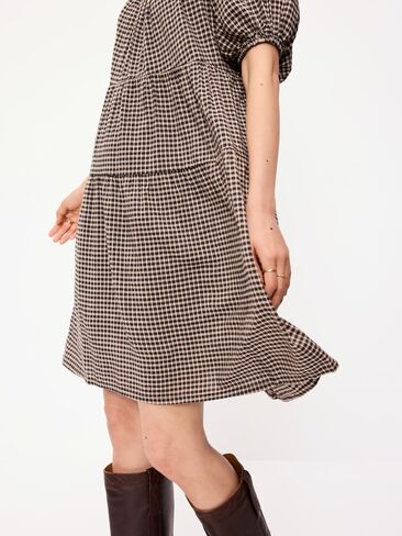 Old Navy Puff-Sleeve Smocked Mini Swing Dress - Black/Black Gingham in Saudi Arabia