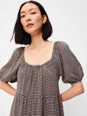 Old Navy Puff-Sleeve Smocked Mini Swing Dress - Black/Black Gingham in Saudi Arabia