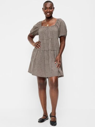 Old Navy Puff-Sleeve Smocked Mini Swing Dress - Black/Black Gingham in Saudi Arabia