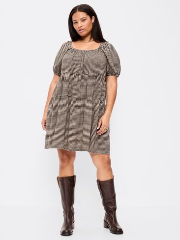 Old Navy Puff-Sleeve Smocked Mini Swing Dress - Black/Black Gingham in Saudi Arabia