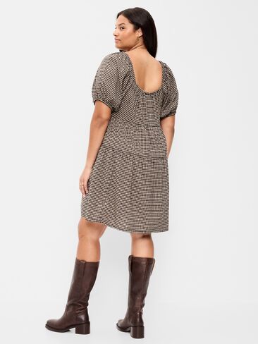 Old Navy Puff-Sleeve Smocked Mini Swing Dress - Black/Black Gingham in Saudi Arabia