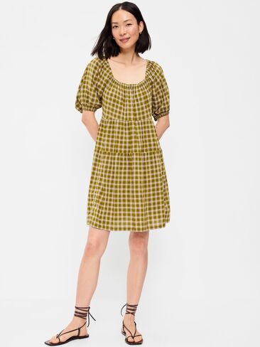 Old Navy Puff-Sleeve Smocked Mini Swing Dress - Green Plaid in Saudi Arabia
