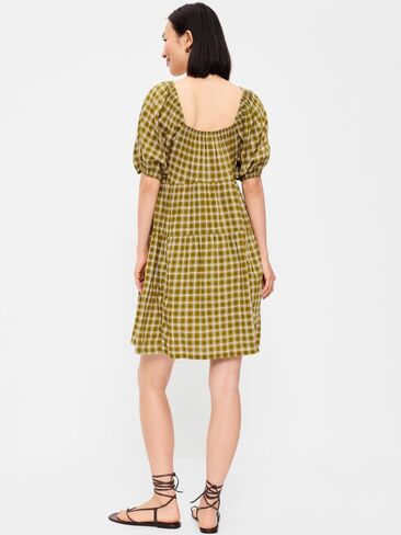 Old Navy Puff-Sleeve Smocked Mini Swing Dress - Green Plaid in Saudi Arabia