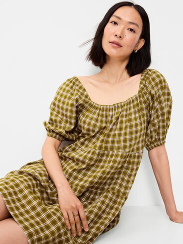 Old Navy Puff-Sleeve Smocked Mini Swing Dress - Green Plaid in Saudi Arabia
