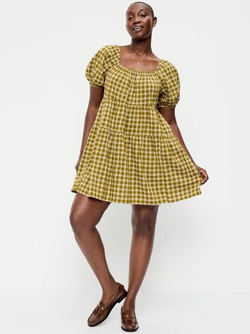 Old Navy Puff-Sleeve Smocked Mini Swing Dress - Green Plaid in Saudi Arabia
