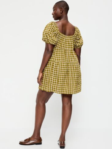 Old Navy Puff-Sleeve Smocked Mini Swing Dress - Green Plaid in Saudi Arabia