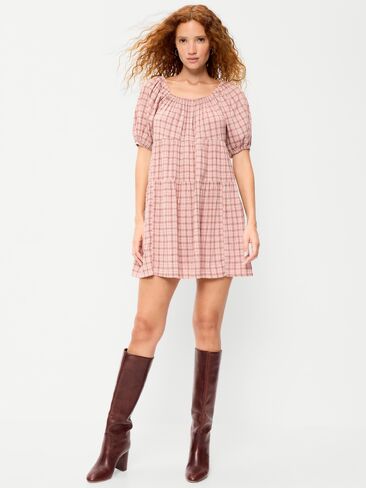 Old Navy Puff-Sleeve Smocked Mini Swing Dress - Light Pink Plaid in Kuwait