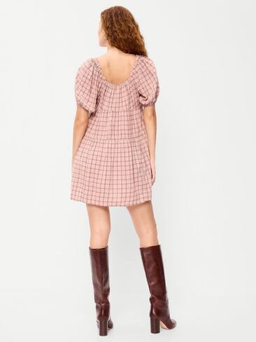 Old Navy Puff-Sleeve Smocked Mini Swing Dress - Light Pink Plaid in Kuwait