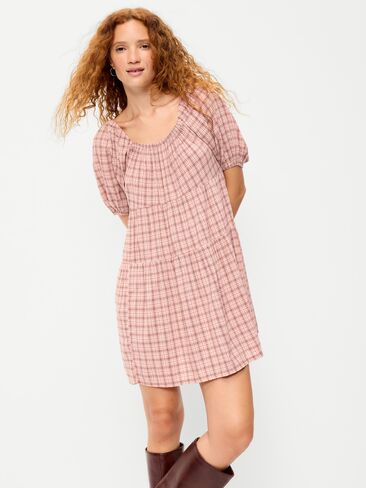 Old Navy Puff-Sleeve Smocked Mini Swing Dress - Light Pink Plaid in Kuwait