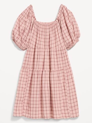 Old Navy Puff-Sleeve Smocked Mini Swing Dress - Light Pink Plaid in Kuwait