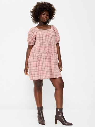 Old Navy Puff-Sleeve Smocked Mini Swing Dress - Light Pink Plaid in Kuwait
