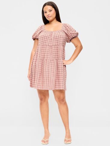 Old Navy Puff-Sleeve Smocked Mini Swing Dress - Light Pink Plaid in Kuwait