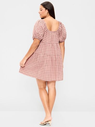 Old Navy Puff-Sleeve Smocked Mini Swing Dress - Light Pink Plaid in Kuwait
