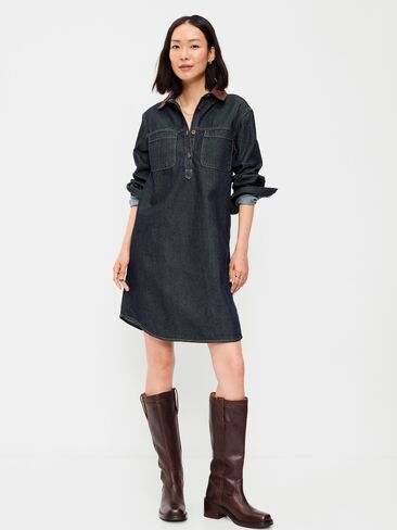 Old Navy Long-Sleeve Denim Mini Shirt Dress - Dark Wash in Kuwait