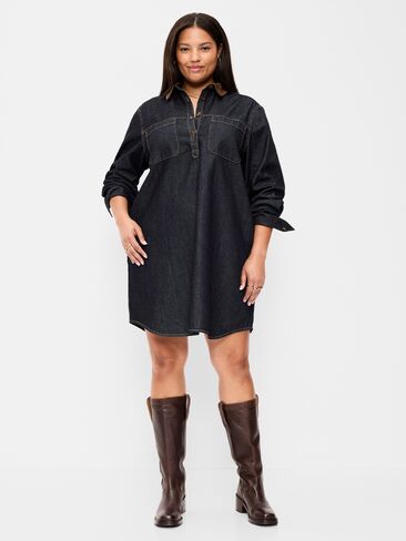 Old Navy Long-Sleeve Denim Mini Shirt Dress - Dark Wash in Kuwait