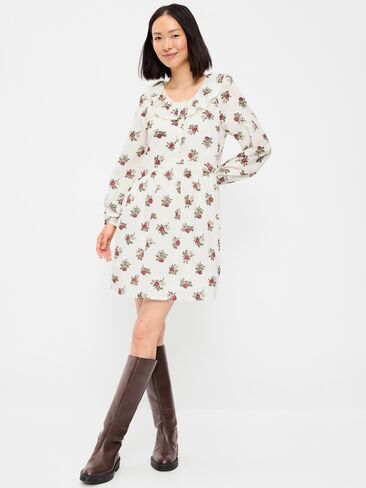 Old Navy Long-Sleeve Ruffle-Collar Swing Mini Dress - White Floral in Kuwait