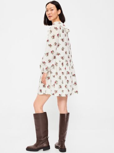 Old Navy Long-Sleeve Ruffle-Collar Swing Mini Dress - White Floral in Kuwait