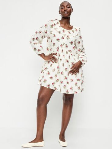 Old Navy Long-Sleeve Ruffle-Collar Swing Mini Dress - White Floral in Kuwait