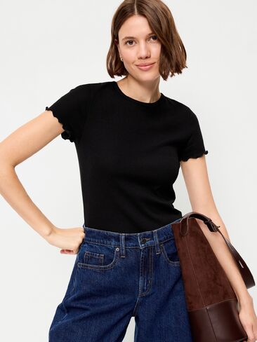 Old Navy Fitted Waffle-Knit Cropped T-Shirt - Black Jack in Kuwait