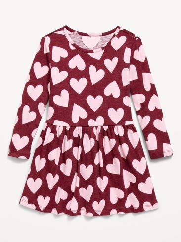 Old Navy Printed Long-Sleeve Ribbed Dress for Toddler Girls - Burgundy Ground Hearts in Kuwait