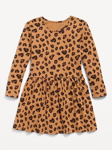 Old Navy Printed Long-Sleeve Ribbed Dress for Toddler Girls - Brown Leopard in Kuwait