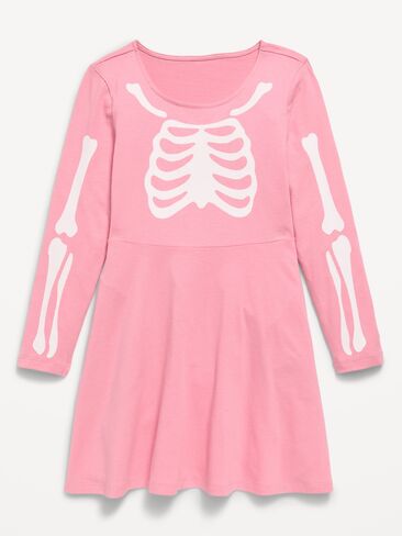 Old Navy Long-Sleeve Graphic Fit and Flare Dress for Girls - Pink Skeleton in Kuwait