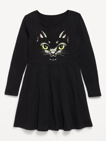 Old Navy Long-Sleeve Graphic Fit and Flare Dress for Girls - Black Cat (Glow-in-the-Dark) in Kuwait