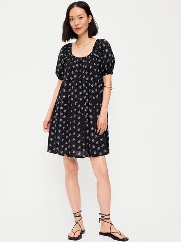 Old Navy Puff-Sleeve Smocked Mini Swing Dress - Black Floral in Kuwait