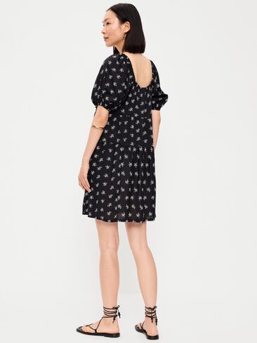 Old Navy Puff-Sleeve Smocked Mini Swing Dress - Black Floral in Kuwait