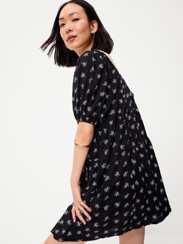 Old Navy Puff-Sleeve Smocked Mini Swing Dress - Black Floral in Kuwait