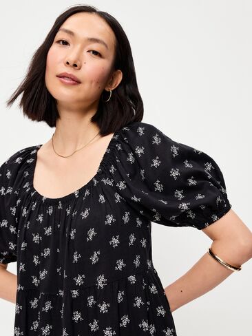 Old Navy Puff-Sleeve Smocked Mini Swing Dress - Black Floral in Kuwait