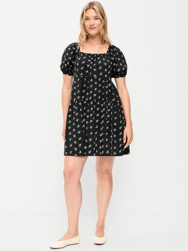 Old Navy Puff-Sleeve Smocked Mini Swing Dress - Black Floral in Kuwait