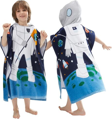 Kids Hooded Towel Bath Beach Soft Cotton Towels Boys Absorbent Pool Wrap with Hood Baby Toddler Poncho Robe(Astronaut,3-4Years/Height:33"-43") in Saudi Arabia