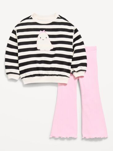 Old Navy Graphic Sweatshirt and Flared Legging Set for Toddler Girls - Black/White Stripe in Kuwait