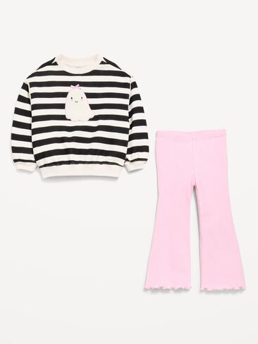 Old Navy Graphic Sweatshirt and Flared Legging Set for Toddler Girls - Black/White Stripe in Kuwait