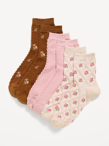 Old Navy Textured Quarter Crew Socks 3-Pack for Women - Cream Ditsy Floral in Kuwait