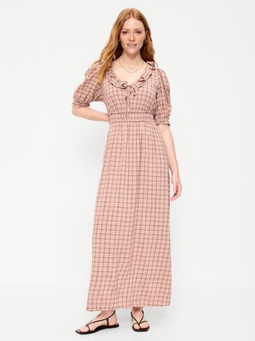 Old Navy Ruffle-Trim Boho Maxi Dress - Pink Plaid in Kuwait
