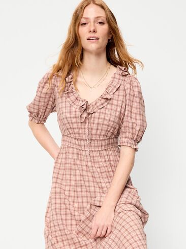 Old Navy Ruffle-Trim Boho Maxi Dress - Pink Plaid in Kuwait