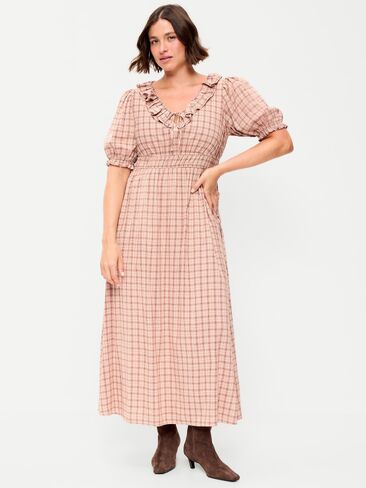 Old Navy Ruffle-Trim Boho Maxi Dress - Pink Plaid in Kuwait