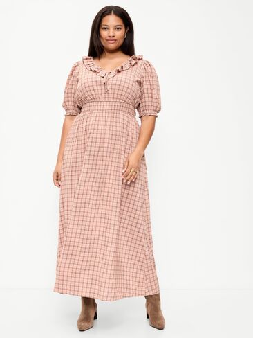 Old Navy Ruffle-Trim Boho Maxi Dress - Pink Plaid in Kuwait