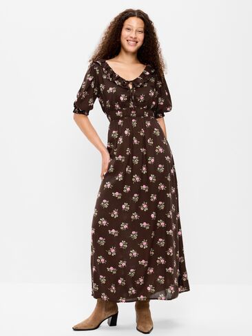 Old Navy Ruffle-Collar Boho Maxi Dress - Brown Floral in Kuwait