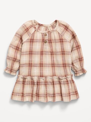 Old Navy Long-Sleeve Plaid Ruffled Swing Dress for Baby - Brown Plaid in Kuwait