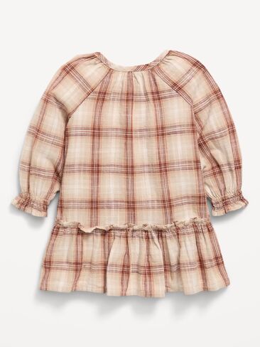 Old Navy Long-Sleeve Plaid Ruffled Swing Dress for Baby - Brown Plaid in Kuwait