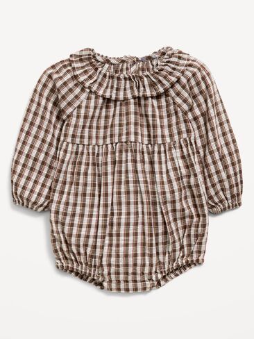 Old Navy Printed Long-Sleeve Ruffle-Trim Romper for Baby - Brown Check in Kuwait