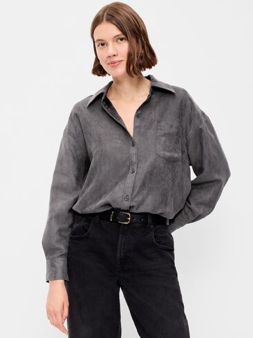 Old Navy Oversized Faux-Suede Button-Down Boyfriend Shirt - Tungsten in Kuwait