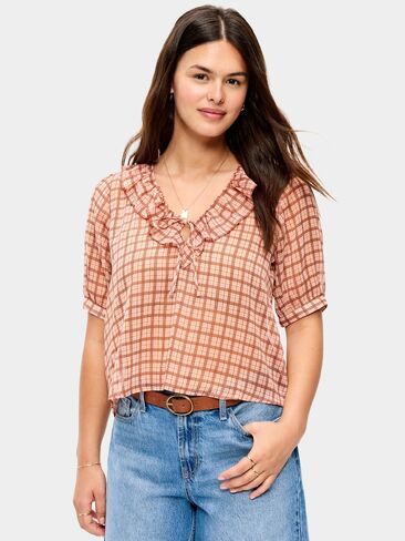 Old Navy Ruffle Collar Tie-Front Chiffon Top - Pink Plaid in Kuwait