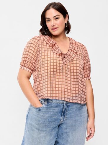 Old Navy Ruffle Collar Tie-Front Chiffon Top - Pink Plaid in Kuwait